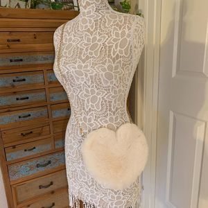 Heart Shaped Faux Fur Crossbody Bag - White - NWT